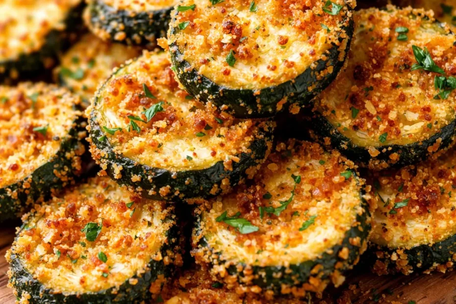 Golden brown crispy Italian zucchini garlic bites on a plate, with a side of marinara sauce, showing their crunchy exterior and tender green interior.