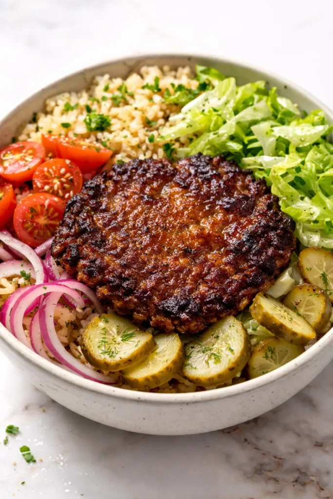 Smashed beef patties with melted cheddar, crispy edges, and fresh lettuce, tomato, and pickles in a bowl, juicy smash burger bowl.