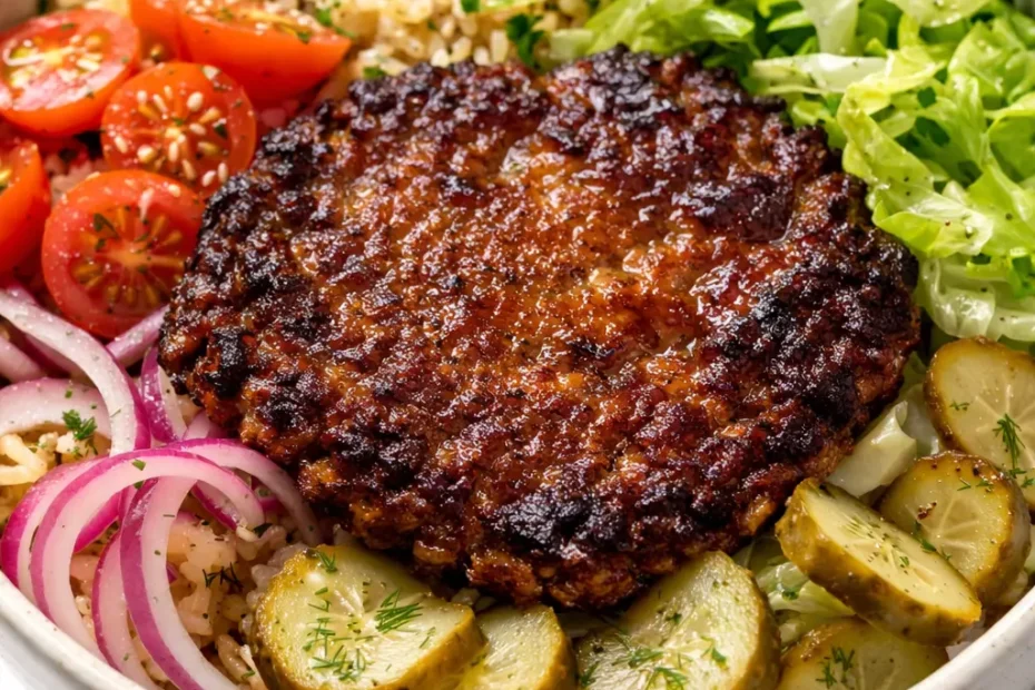 Smashed beef patties with melted cheddar, crispy edges, and fresh lettuce, tomato, and pickles in a bowl, juicy smash burger bowl.