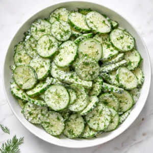 Crisp cucumber slices tossed with fresh dill and a tangy vinegar dressing, highlighting the salad's crunchy texture.