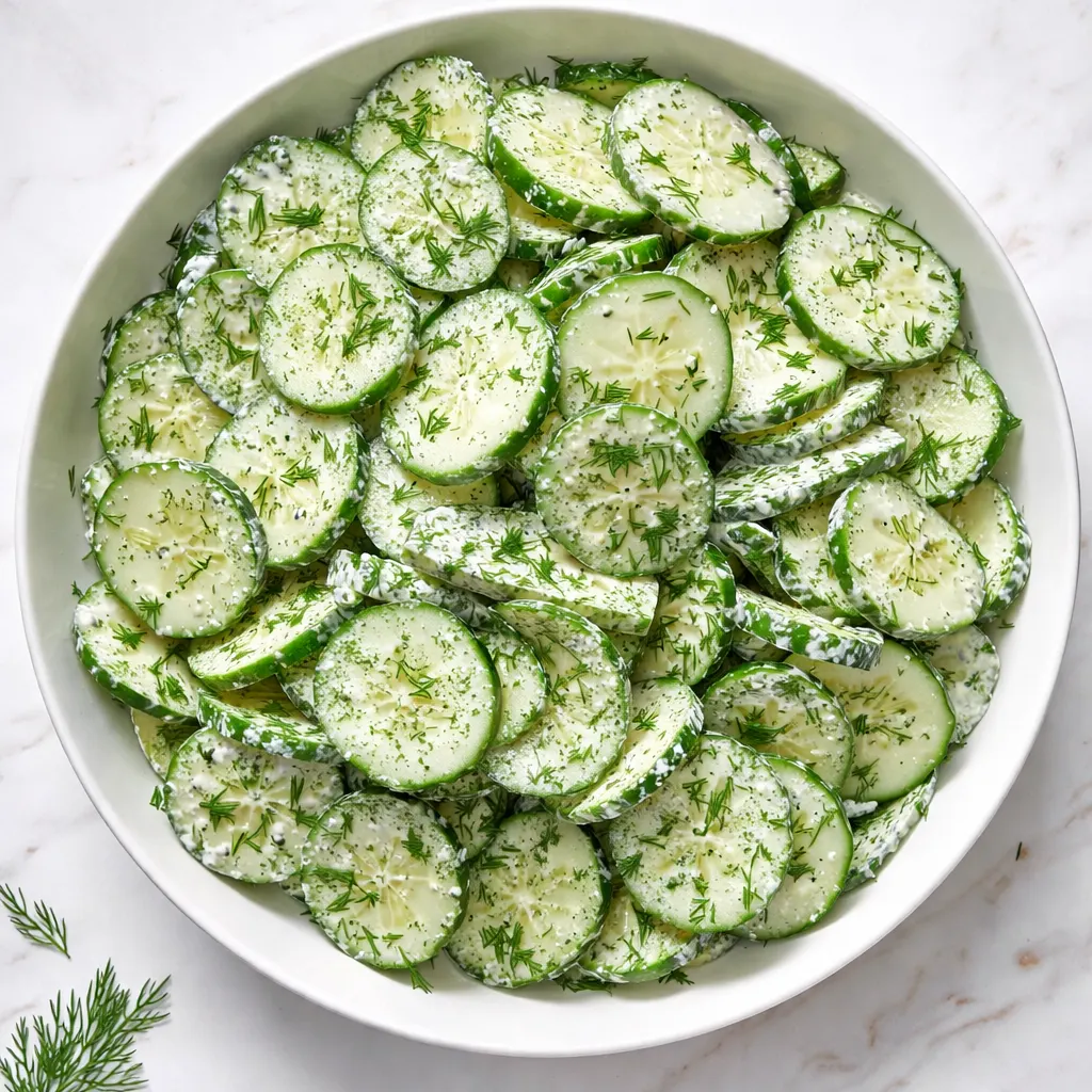 Crisp cucumber slices tossed with fresh dill and a tangy vinegar dressing, highlighting the salad's crunchy texture.