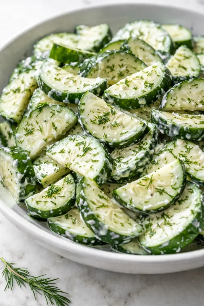 Crisp crunchy cucumber dill salad with fresh dill, red onion, and creamy dressing in a white ceramic bowl.