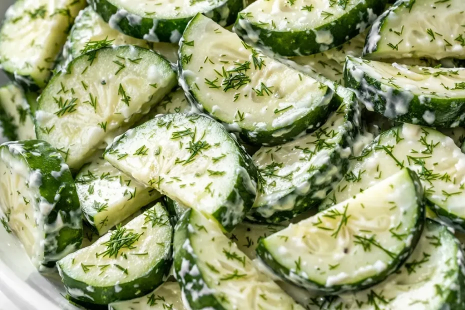 Crisp crunchy cucumber dill salad with fresh dill, red onion, and creamy dressing in a white ceramic bowl.