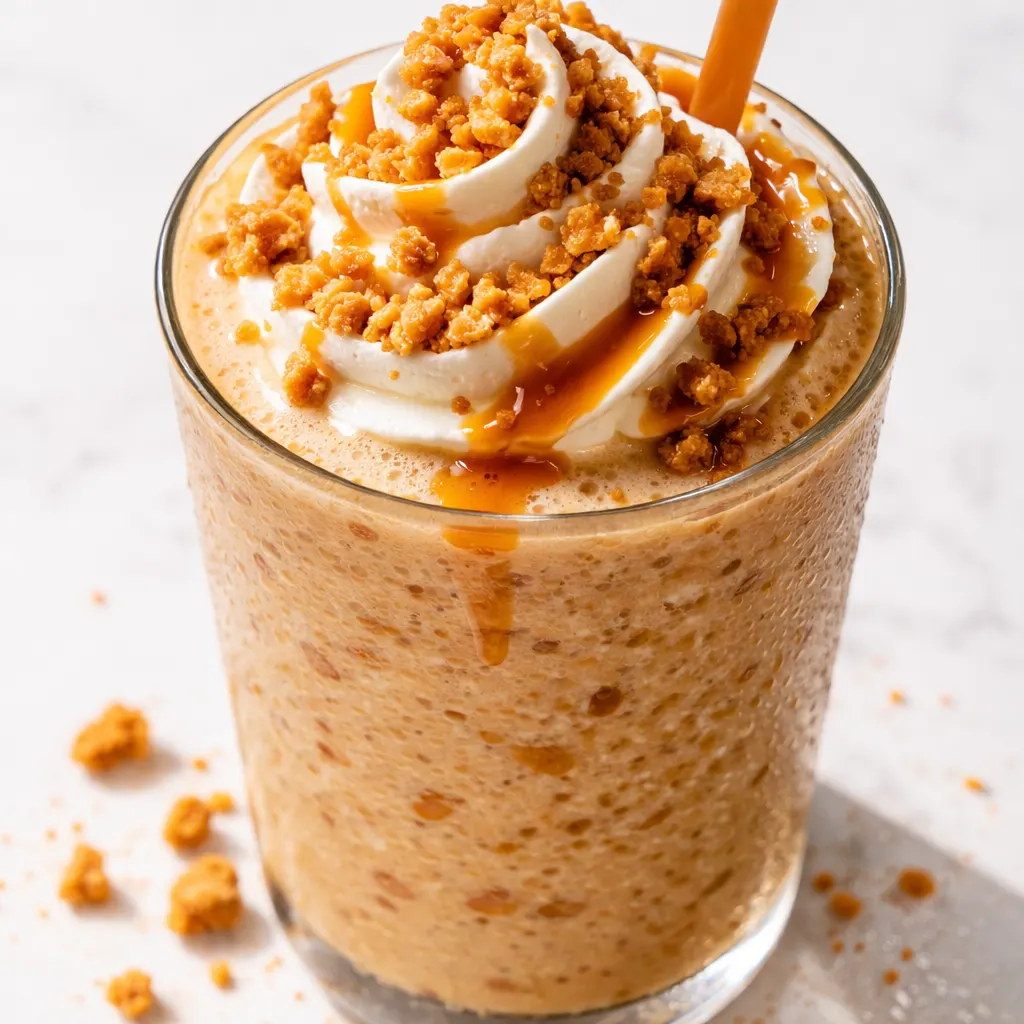 Tall glass of homemade caramel crunch frappe with smooth blended coffee, caramel drizzle, and crunchy toppings on top.