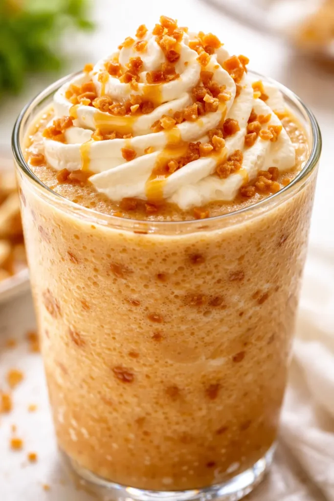 Creamy caramel crunch frappe in a tall glass, topped with whipped cream and caramel drizzle, garnished with crunchy toffee bits.
