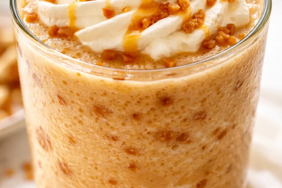 Creamy caramel crunch frappe in a tall glass, topped with whipped cream and caramel drizzle, garnished with crunchy toffee bits.