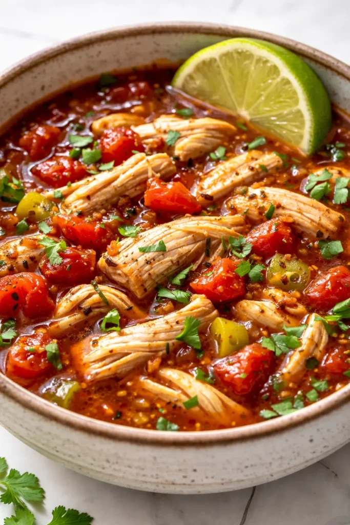 Bowl of easy chicken taco soup with shredded chicken, black beans, corn, and tomatoes, topped with cilantro and sour cream, rich red broth.