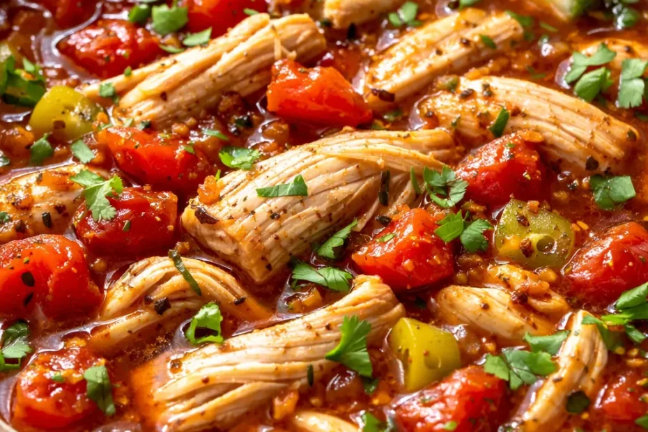 Bowl of easy chicken taco soup with shredded chicken, black beans, corn, and tomatoes, topped with cilantro and sour cream, rich red broth.