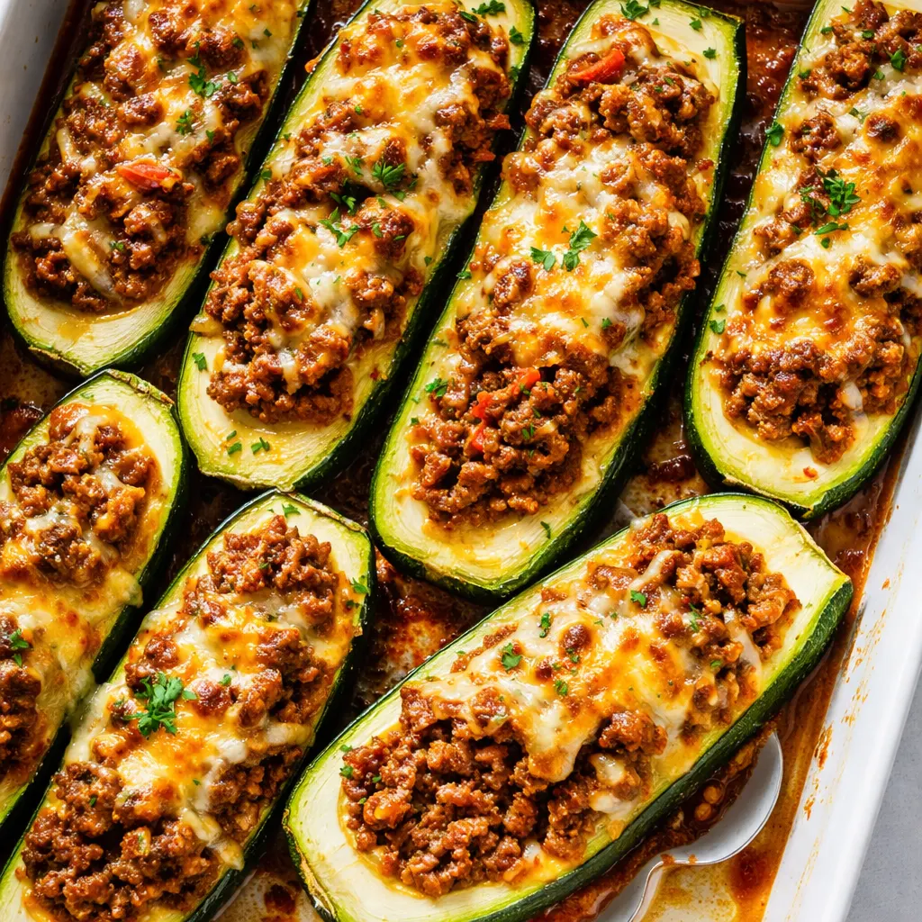 Golden brown ground beef zucchini boats with melted cheese, firm texture with no sogginess