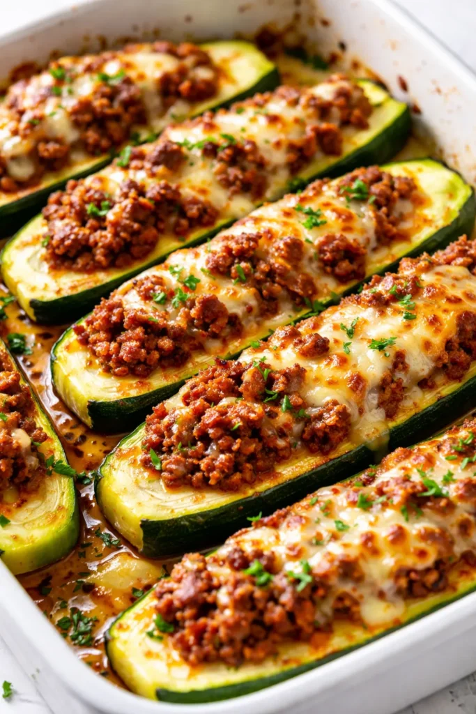 Golden brown easy ground beef zucchini boats filled with seasoned meat and melted cheese, topped with fresh parsley.