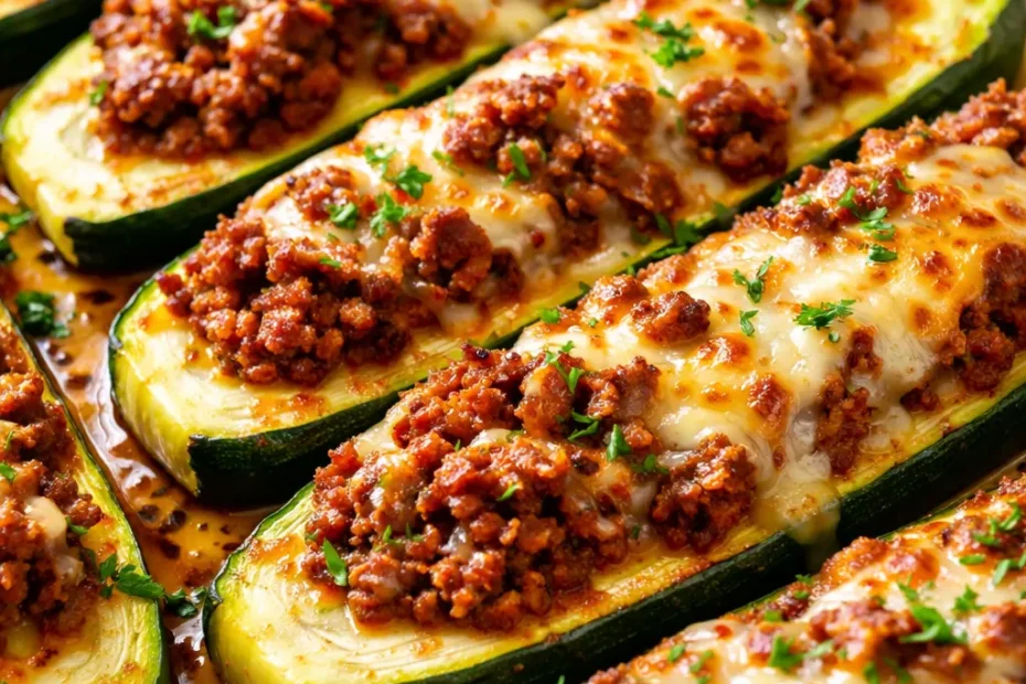 Golden brown easy ground beef zucchini boats filled with seasoned meat and melted cheese, topped with fresh parsley.