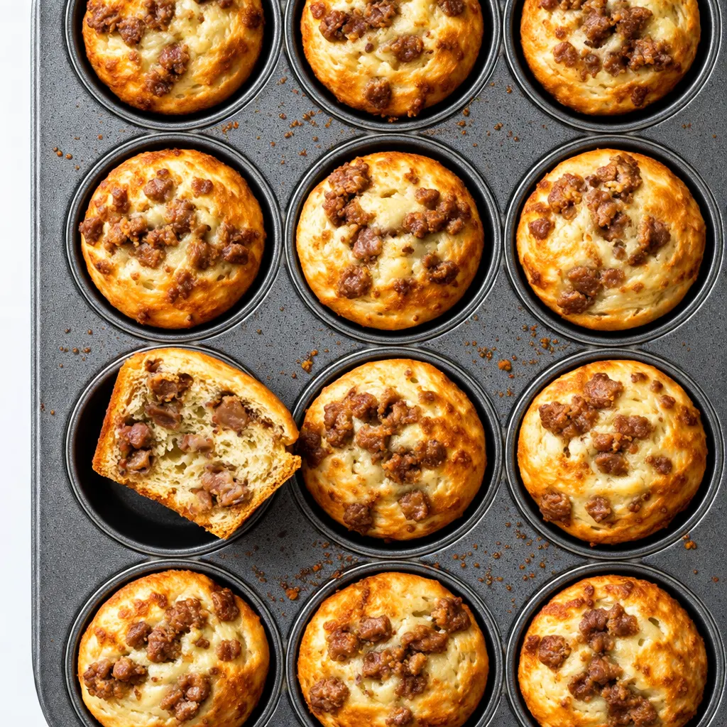 Batter for easy sausage pancake muffins being poured into a greased muffin tin, promising a fluffy golden texture.