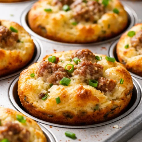 Fluffy easy sausage pancake muffins with golden brown crust and sausage bits, served on a white plate.