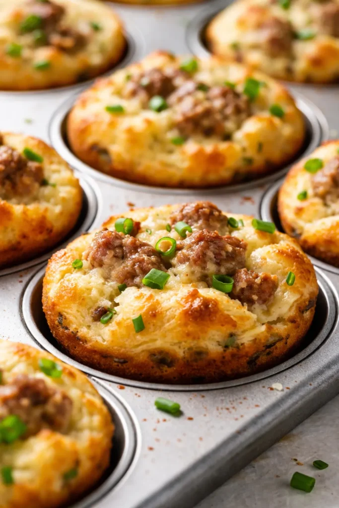 Fluffy easy sausage pancake muffins with golden brown crust and sausage bits, served on a white plate.