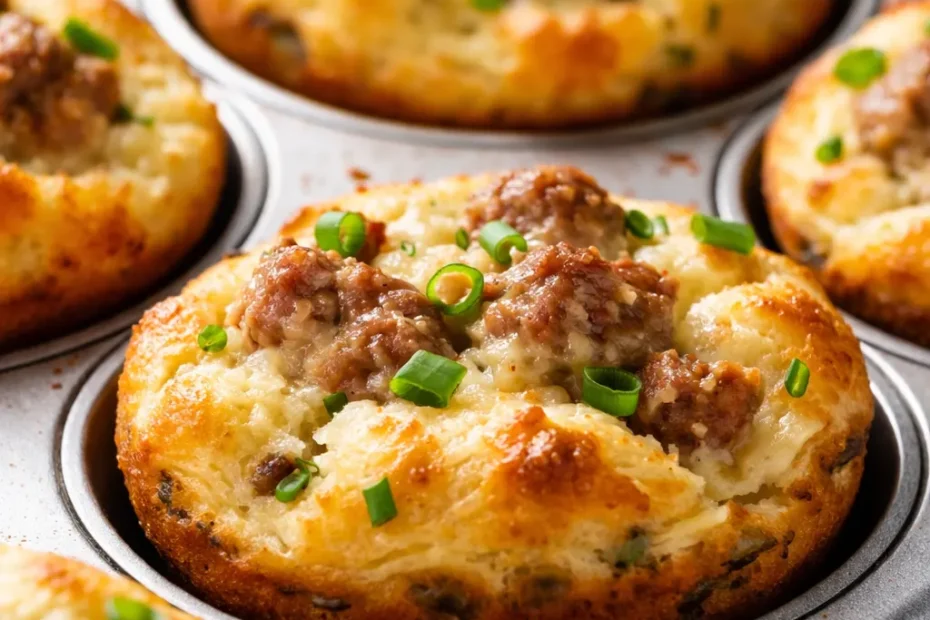 Fluffy easy sausage pancake muffins with golden brown crust and sausage bits, served on a white plate.