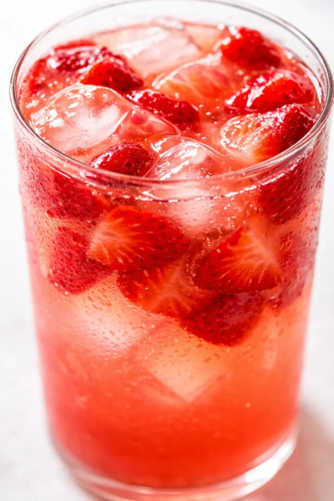 Bright pink strawberry lemonade in a glass pitcher with fresh strawberry slices, ice cubes, and mint leaves on a wooden table.