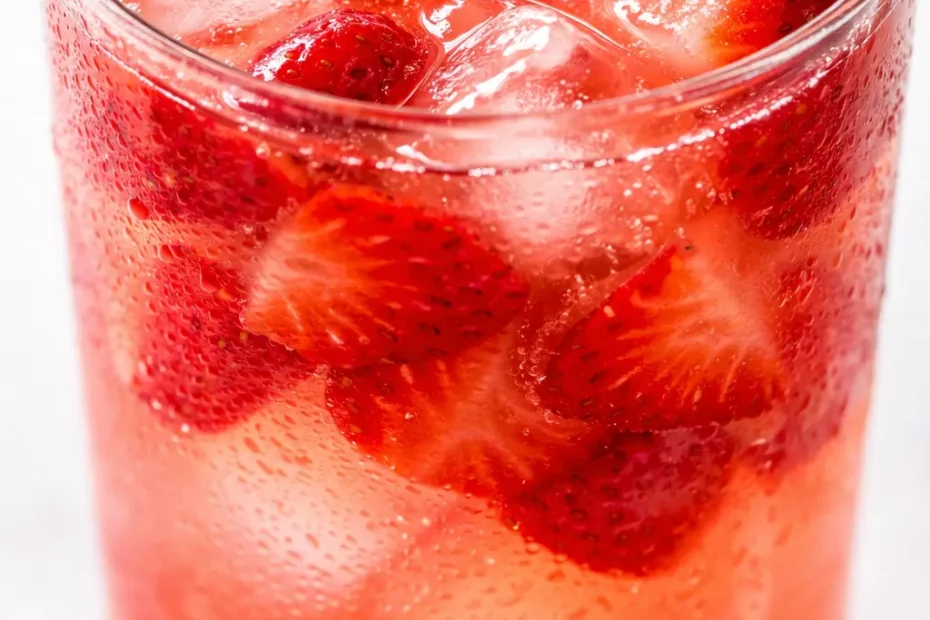 Bright pink strawberry lemonade in a glass pitcher with fresh strawberry slices, ice cubes, and mint leaves on a wooden table.