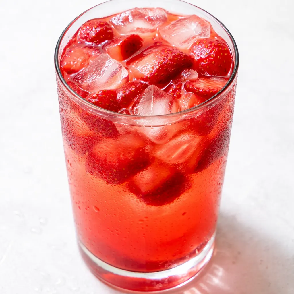 Pouring strawberry simple syrup over fresh lemonade with ice, vibrant red strawberries and lemon slices visible.