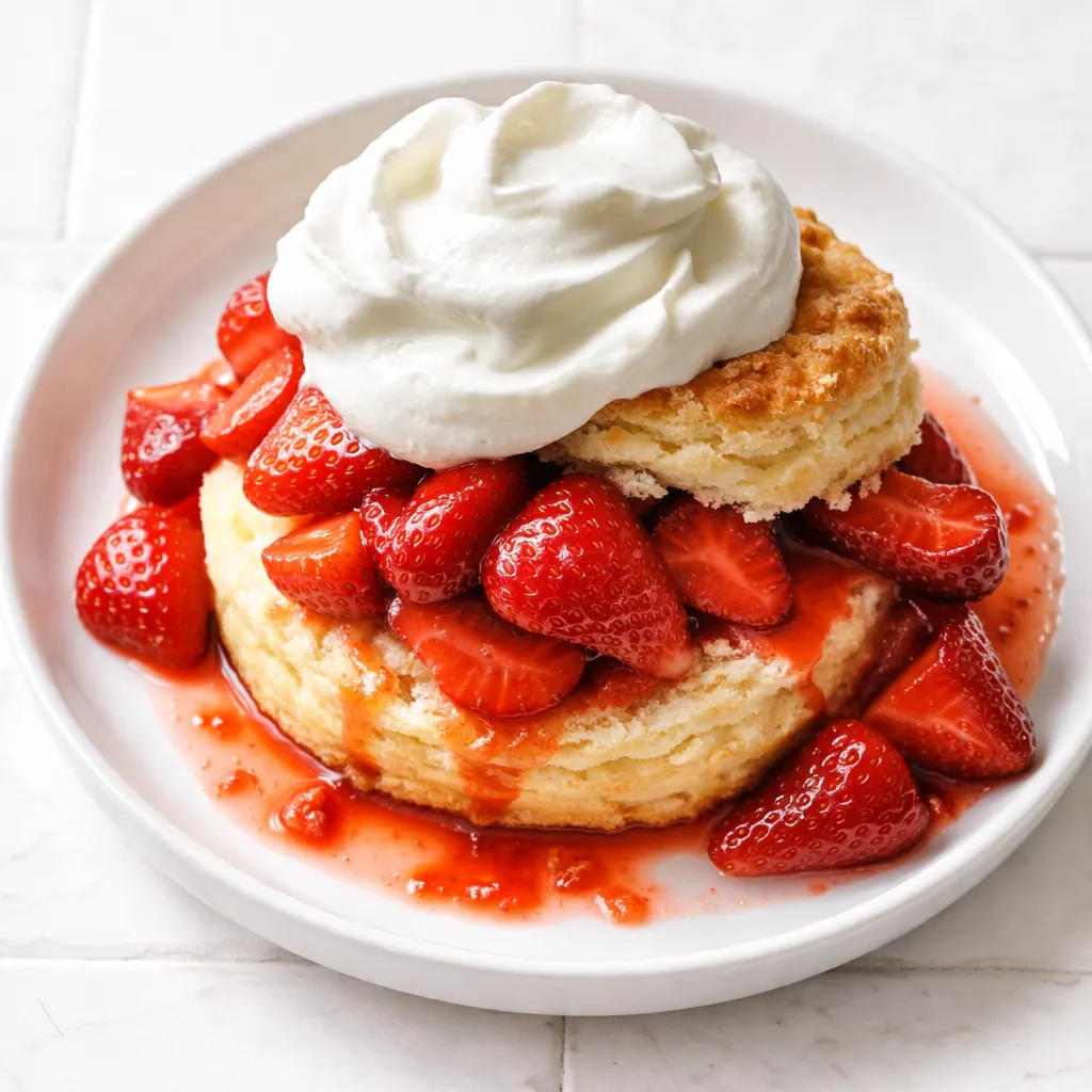 Fluffy classic strawberry shortcake with tender buttermilk biscuits, topped with fresh strawberries and dollops of whipped cream, golden brown biscuit layers visible.