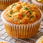 Fluffy zucchini carrot muffins with golden tops and visible flecks of orange and green, resting on a cooling rack.