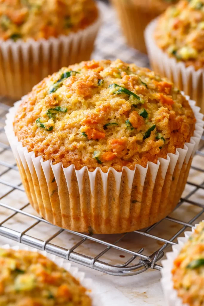 Fluffy zucchini carrot muffins with golden tops and visible flecks of orange and green, resting on a cooling rack.