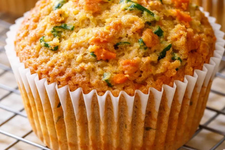 Fluffy zucchini carrot muffins with golden tops and visible flecks of orange and green, resting on a cooling rack.