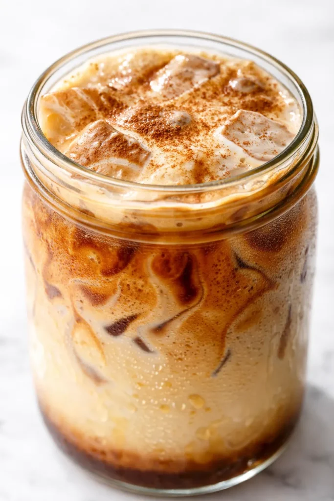 Best French Toast Iced Latte in a clear glass with whipped cream, cinnamon dusting, and caramel drizzle.
