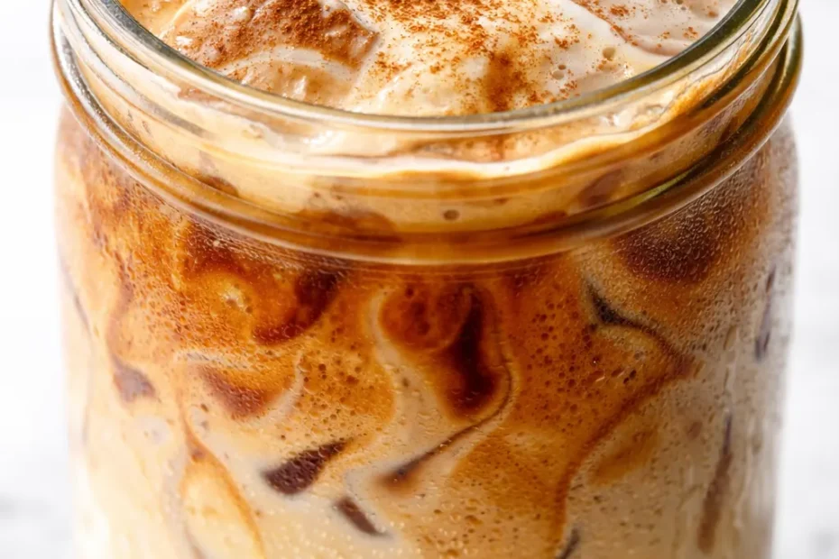 Best French Toast Iced Latte in a clear glass with whipped cream, cinnamon dusting, and caramel drizzle.