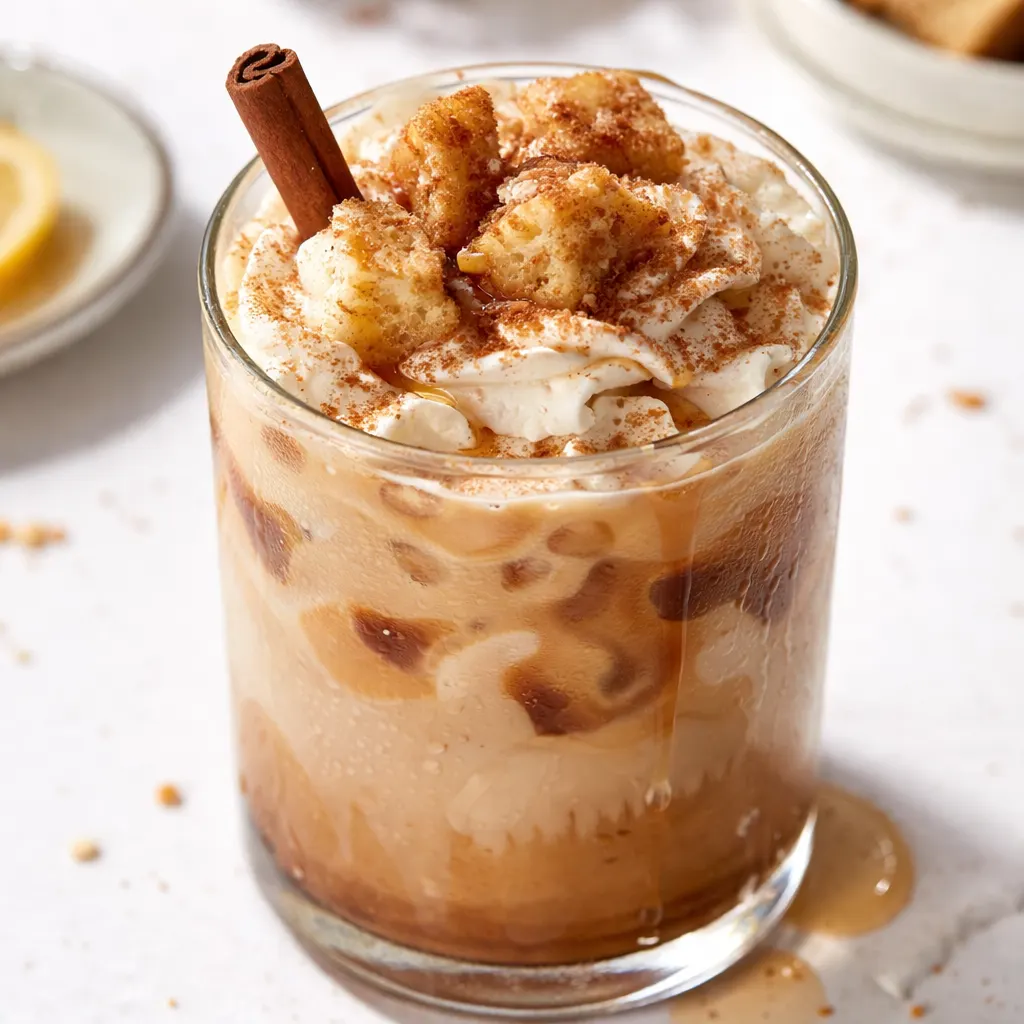 Pouring milk over ice and espresso with cinnamon sticks for a creamy homemade French toast iced latte.