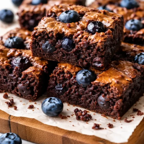 Fresh blueberry brownie square with fudgy texture, dotted with whole blueberries and chocolate chips, on a rustic wooden board.