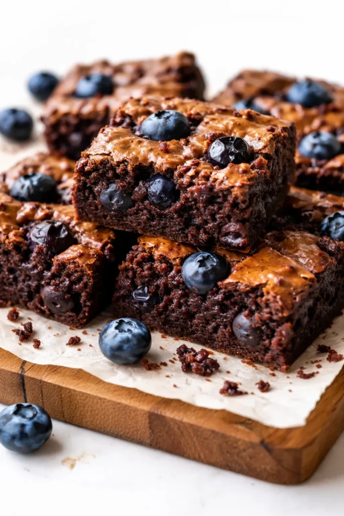 Fresh blueberry brownie square with fudgy texture, dotted with whole blueberries and chocolate chips, on a rustic wooden board.