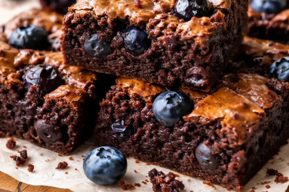 Fresh blueberry brownie square with fudgy texture, dotted with whole blueberries and chocolate chips, on a rustic wooden board.