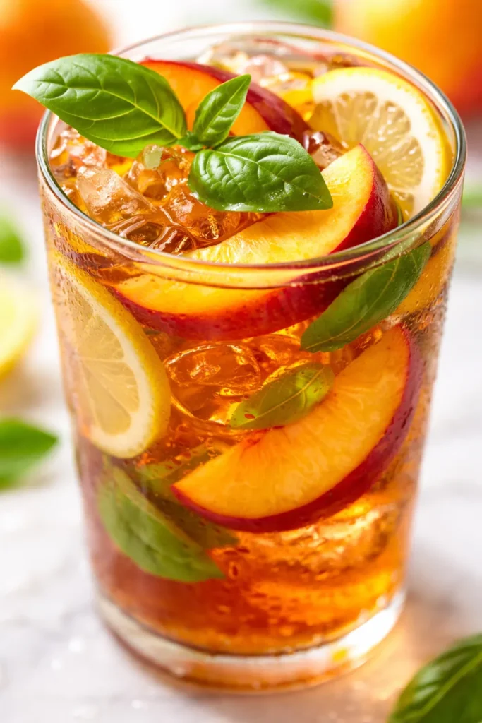 Golden amber iced tea with fresh peach slices and vibrant basil leaves over ice, a refreshing herbal summer drink.