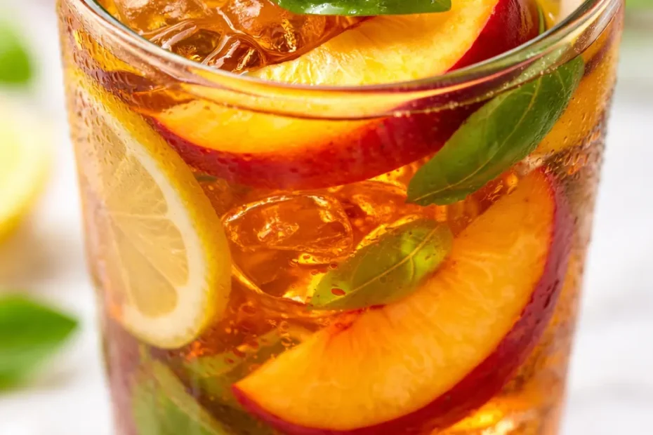 Golden amber iced tea with fresh peach slices and vibrant basil leaves over ice, a refreshing herbal summer drink.