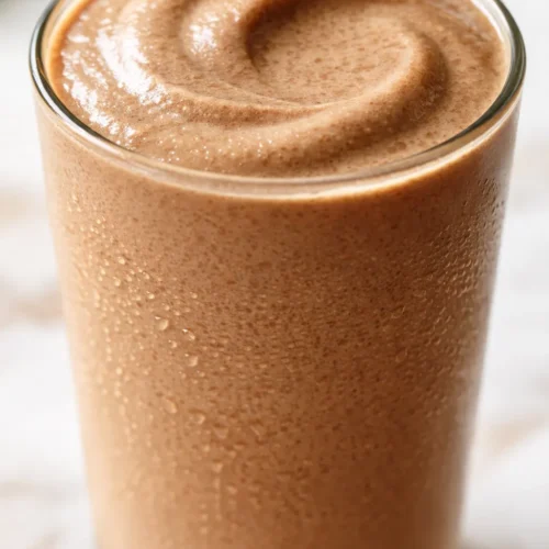 Rich coffee milkshake with frozen coffee cubes creating a thick, creamy texture in a tall glass