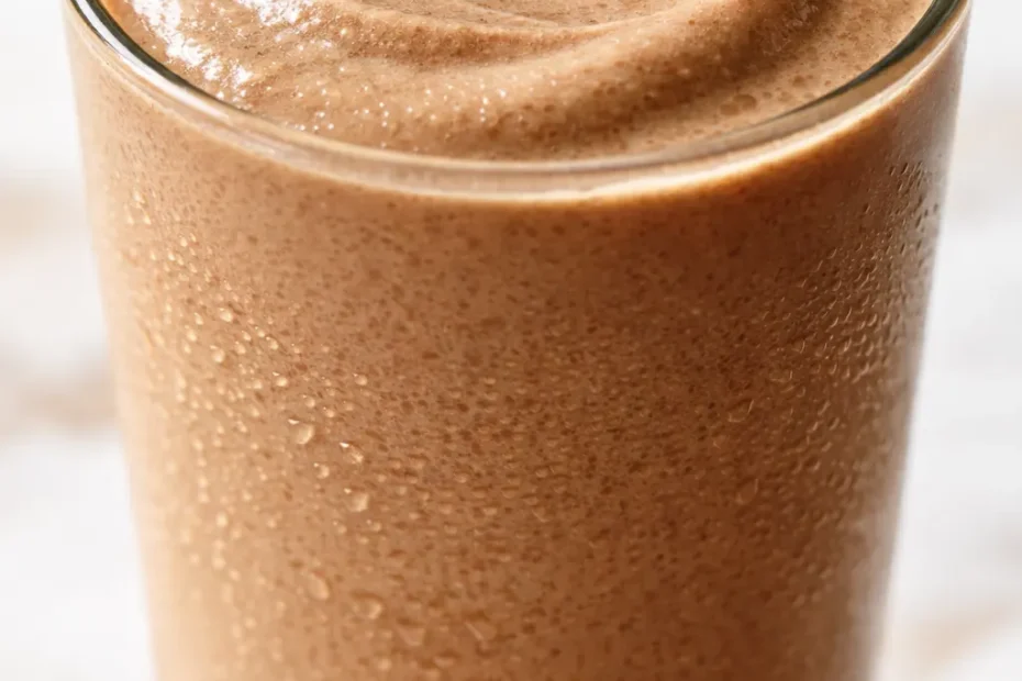 Rich coffee milkshake with frozen coffee cubes creating a thick, creamy texture in a tall glass