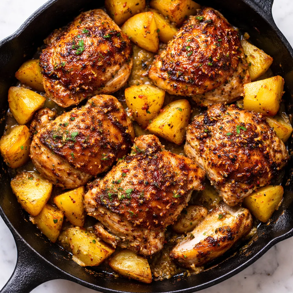 Golden crispy chicken skin searing in a garlic butter skillet with potatoes browning alongside