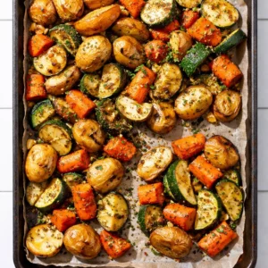 Garlic herb roasted potatoes, carrots, and zucchini browning on a sheet pan with crispy golden edges and fresh herbs.