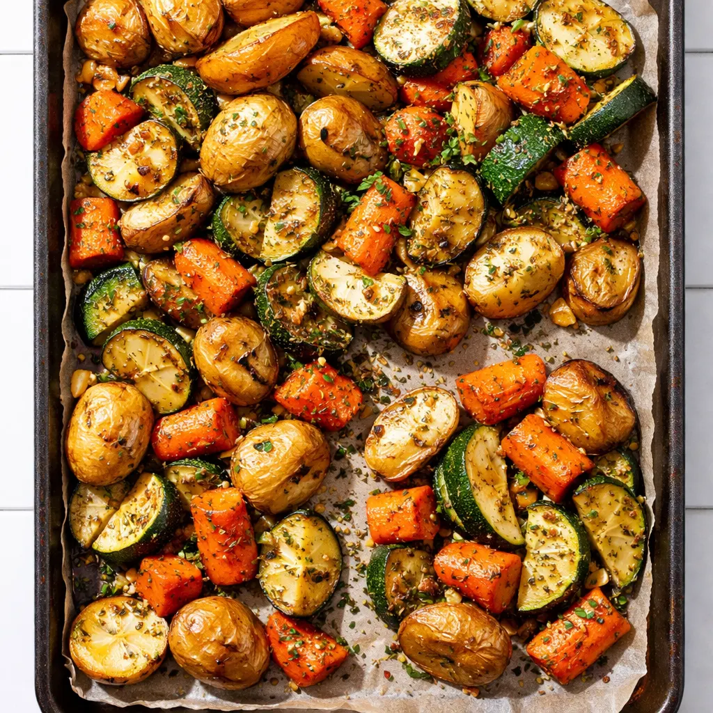 Garlic herb roasted potatoes, carrots, and zucchini browning on a sheet pan with crispy golden edges and fresh herbs.