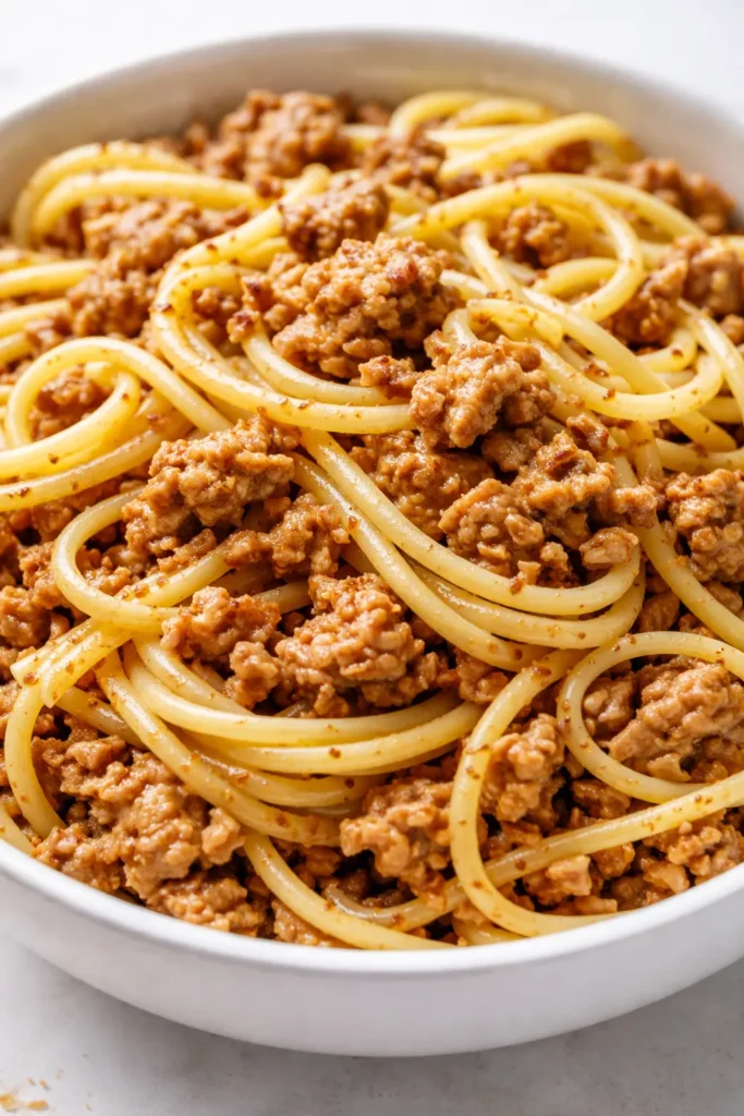Ground turkey pasta in rich tomato sauce with spaghetti, topped with Parmesan, looks hearty and flavorful.
