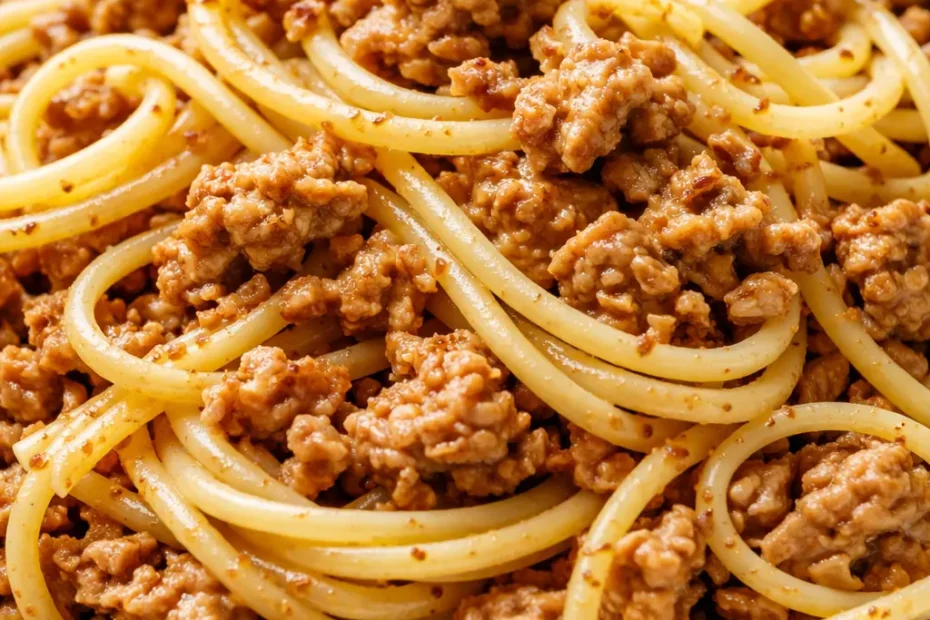 Ground turkey pasta in rich tomato sauce with spaghetti, topped with Parmesan, looks hearty and flavorful.