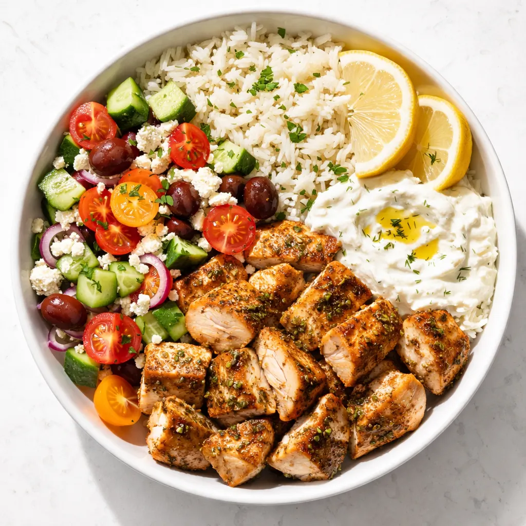 Close-up of Greek chicken bowls with grilled chicken, creamy tzatziki, cherry tomatoes, cucumbers, and fluffy rice, garnished with fresh herbs.
