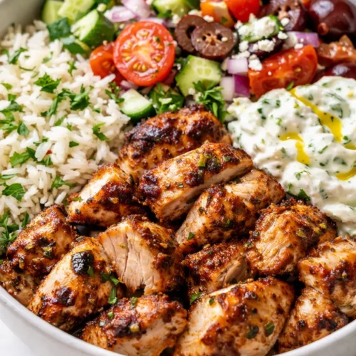 Vibrant Greek chicken bowl with grilled chicken, fresh cucumbers, cherry tomatoes, red onion, kalamata olives, and crumbled feta over seasoned rice, topped with creamy tzatziki.