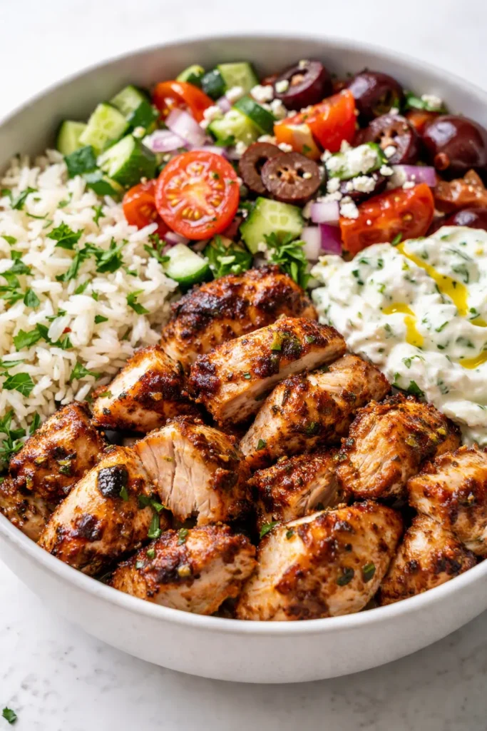 Vibrant Greek chicken bowl with grilled chicken, fresh cucumbers, cherry tomatoes, red onion, kalamata olives, and crumbled feta over seasoned rice, topped with creamy tzatziki.