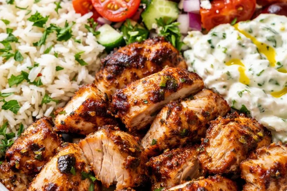 Vibrant Greek chicken bowl with grilled chicken, fresh cucumbers, cherry tomatoes, red onion, kalamata olives, and crumbled feta over seasoned rice, topped with creamy tzatziki.