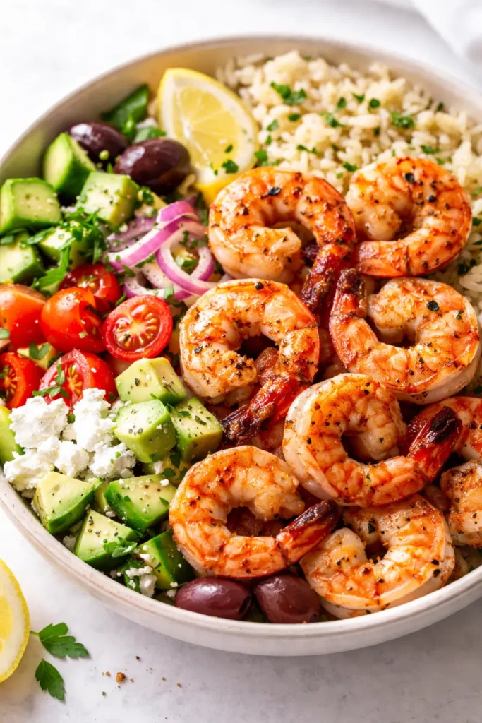 Vibrant Greek shrimp bowls with juicy shrimp, cherry tomatoes, feta, and olives over lemon rice, garnished with fresh dill.