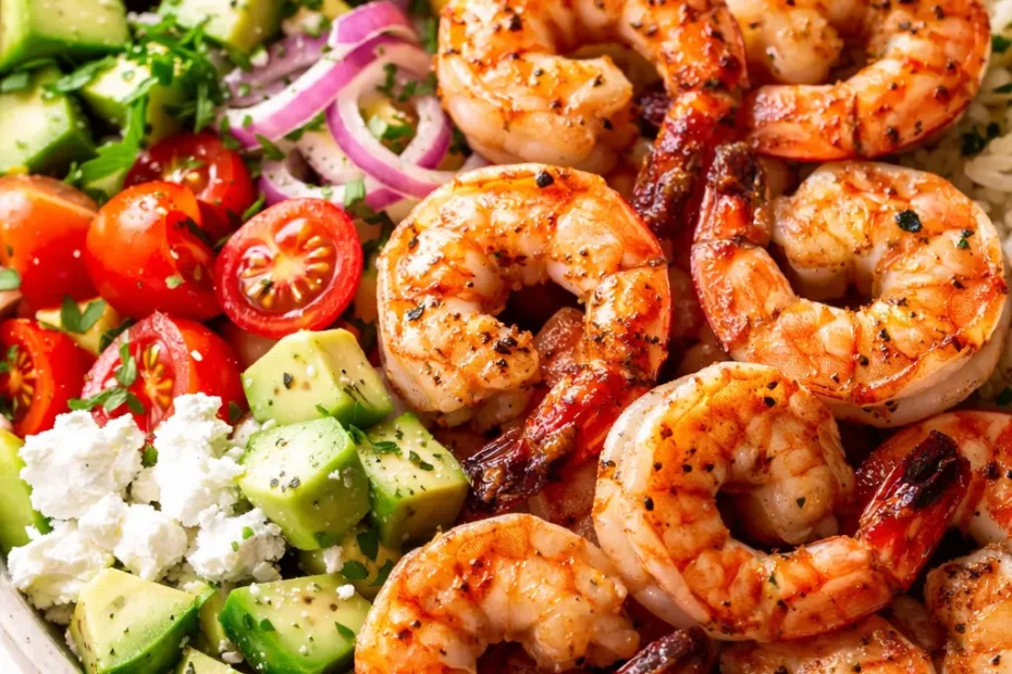 Vibrant Greek shrimp bowls with juicy shrimp, cherry tomatoes, feta, and olives over lemon rice, garnished with fresh dill.
