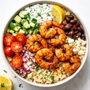Juicy shrimp seared in a hot skillet with olive oil, garlic, and lemon, turning golden with crispy edges for Greek shrimp bowls.