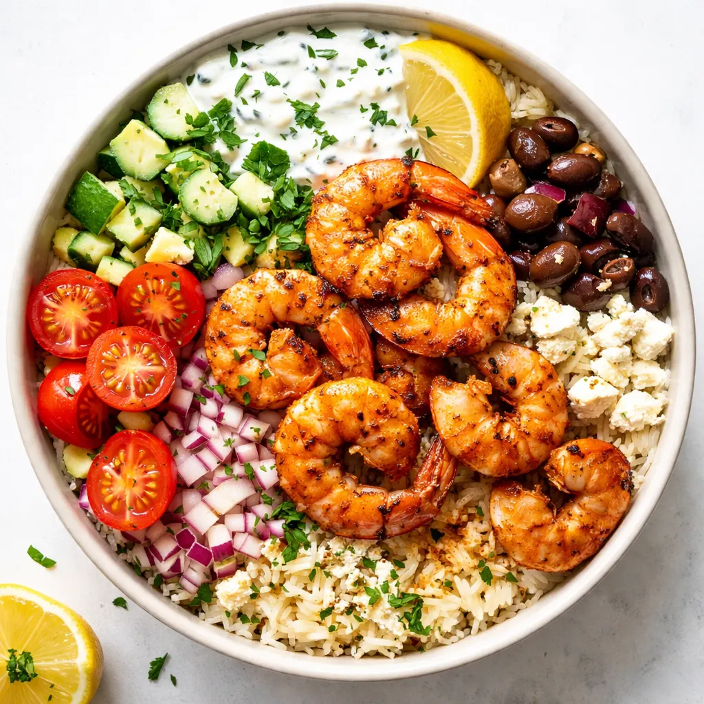 Juicy shrimp seared in a hot skillet with olive oil, garlic, and lemon, turning golden with crispy edges for Greek shrimp bowls.
