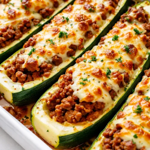 Hearty ground beef zucchini boats filled with savory meat and melted cheese, golden brown and garnished with fresh parsley.